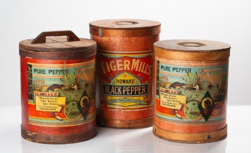 Three Paper-Label Pepper Advertising Bins: B.S. Janney Jr. and Howard Tiger Mills