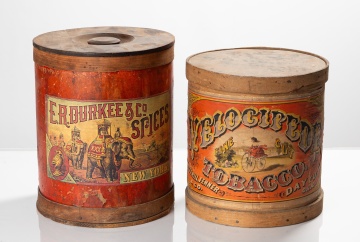 Two Paper-Label Advertising Bins: E.R. Durkee Spices with Circus Elephants and Velocipede Fine Cut Tobacco