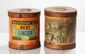 Two Paper-Label Spice Advertising Bins: Bacon, Stickney & Co. Ginger and A.P. Tuller Clover Leaf