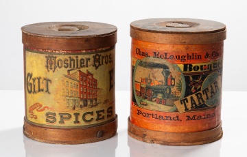 Two Paper-Label Spice Advertising Bins: Moshier Bros. of Utica and Chas. McLaughlin of Portland, Maine