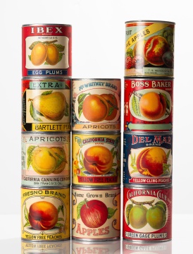 Group of California Fruit Cans with Chromolithographed Labels