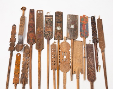 Group of Continental Folk Art Carved Mangle Boards, Distaffs and Love Tokens