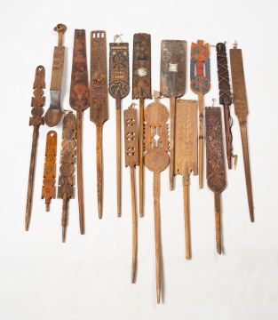 Group of Continental Folk Art Carved Mangle Boards, Distaffs and Love Tokens