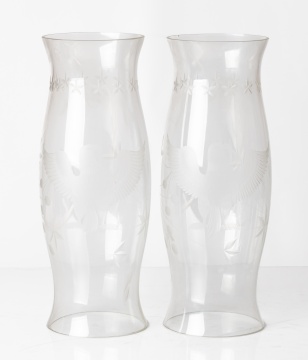 Pair of Engraved Glass Hurricane Shades with Eagles and Stars