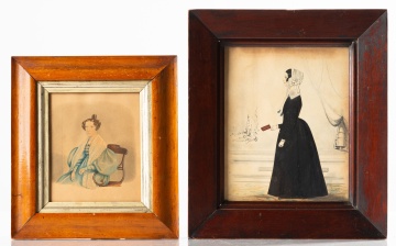 Two Folk Art Watercolor Portraits of Young Women