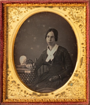Quarter-Plate Daguerreotype of a Woman with Books and a Phrenological Bust