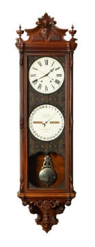Fine Ithaca Calendar Clock Co. Regulator No. 1 Double-Dial Walnut Wall Clock