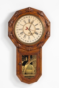 William L. Gilbert Clock Co. "Star Drop" Carved Oak Calendar Wall Clock