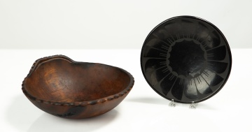 Pueblo Blackware Plate and a Carved Wood Bowl