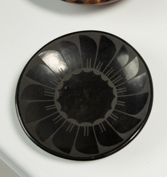 Pueblo Blackware Plate and a Carved Wood Bowl