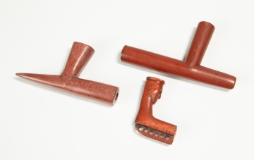 Three Native American Catlinite Pipe Bowls, One an Effigy