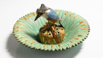 Weller Pottery "Ardsley" Kingfisher Flower Frog and Cattail Bowl