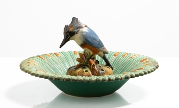 Weller Pottery "Ardsley" Kingfisher Flower Frog and Cattail Bowl
