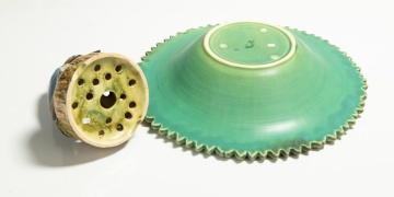 Weller Pottery "Ardsley" Kingfisher Flower Frog and Cattail Bowl