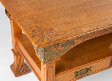 Arts and Crafts Carved Quarter-Sawn Oak Partner's Desk / Library Table