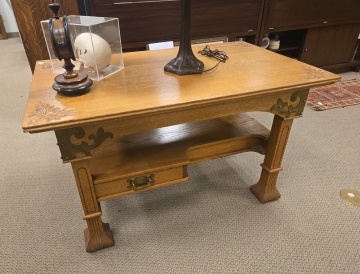 Arts and Crafts Carved Quarter-Sawn Oak Partner's Desk / Library Table