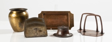 Roycroft Hammered Copper and Leather Desk Accessories, Five Pieces