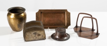 Roycroft Hammered Copper and Leather Desk Accessories, Five Pieces