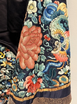 Chinese Embroidered Black Silk Winter Robe with Eight Roundels, Qing Dynasty