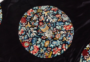 Chinese Embroidered Black Silk Winter Robe with Eight Roundels, Qing Dynasty