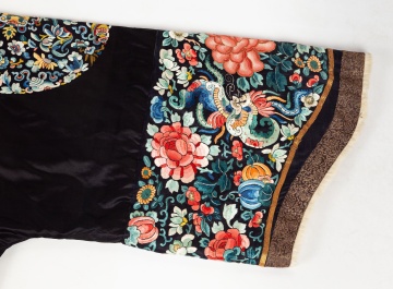 Chinese Embroidered Black Silk Winter Robe with Eight Roundels, Qing Dynasty
