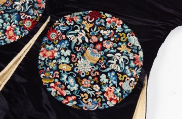 Chinese Embroidered Black Silk Winter Robe with Eight Roundels, Qing Dynasty