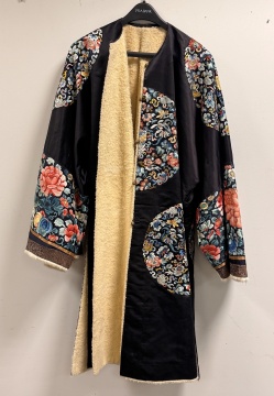 Chinese Embroidered Black Silk Winter Robe with Eight Roundels, Qing Dynasty