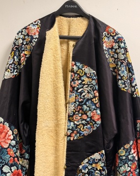 Chinese Embroidered Black Silk Winter Robe with Eight Roundels, Qing Dynasty