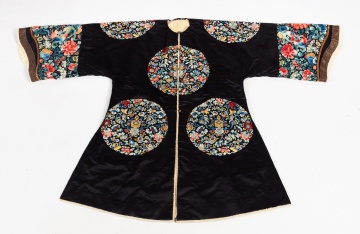Chinese Embroidered Black Silk Winter Robe with Eight Roundels, Qing Dynasty
