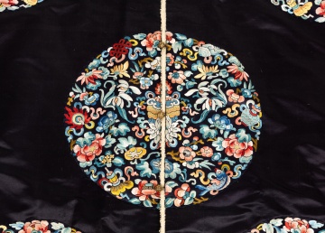 Chinese Embroidered Black Silk Winter Robe with Eight Roundels, Qing Dynasty