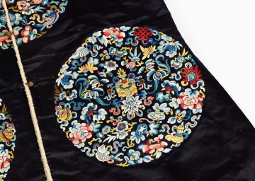 Chinese Embroidered Black Silk Winter Robe with Eight Roundels, Qing Dynasty