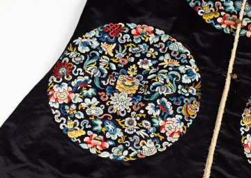 Chinese Embroidered Black Silk Winter Robe with Eight Roundels, Qing Dynasty