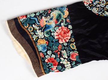 Chinese Embroidered Black Silk Winter Robe with Eight Roundels, Qing Dynasty