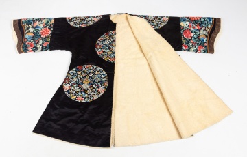 Chinese Embroidered Black Silk Winter Robe with Eight Roundels, Qing Dynasty