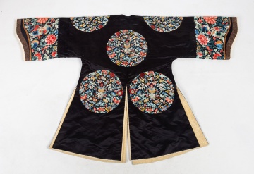 Chinese Embroidered Black Silk Winter Robe with Eight Roundels, Qing Dynasty