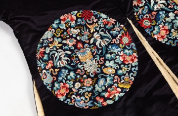Chinese Embroidered Black Silk Winter Robe with Eight Roundels, Qing Dynasty