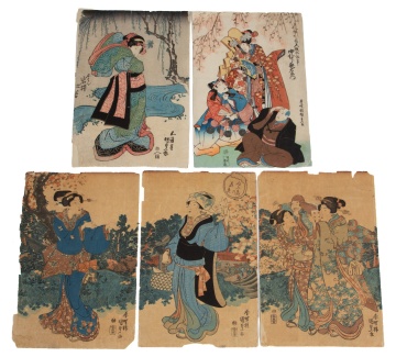 Utagawa Kunisada (Japanese, 1786-1865) Five Woodblock Prints, Including a Triptych