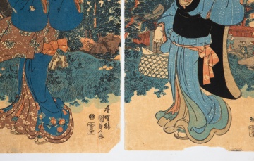 Utagawa Kunisada (Japanese, 1786-1865) Five Woodblock Prints, Including a Triptych