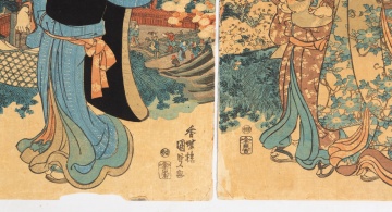 Utagawa Kunisada (Japanese, 1786-1865) Five Woodblock Prints, Including a Triptych