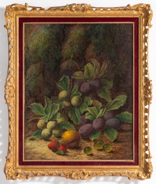 Oliver Clare (British, 1853-1927) Still Life of Plums, Greengages, Strawberries and a Peach on a Mossy Bank