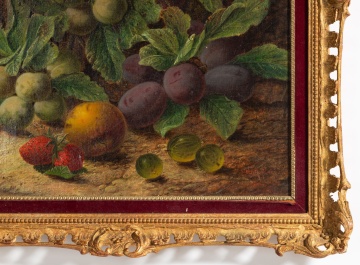 Oliver Clare (British, 1853-1927) Still Life of Plums, Greengages, Strawberries and a Peach on a Mossy Bank