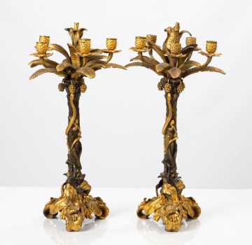 Pair of Continental Gilt and Patinated Bronze Palm Tree Candelabras