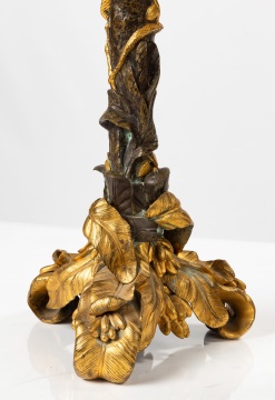 Pair of Continental Gilt and Patinated Bronze Palm Tree Candelabras