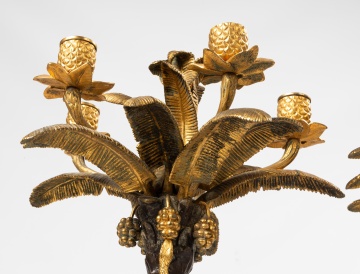 Pair of Continental Gilt and Patinated Bronze Palm Tree Candelabras