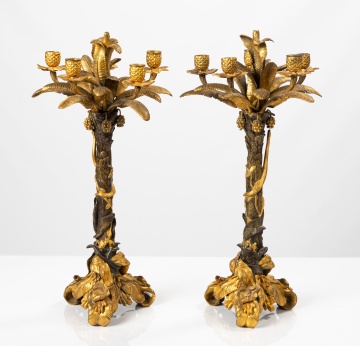 Pair of Continental Gilt and Patinated Bronze Palm Tree Candelabras