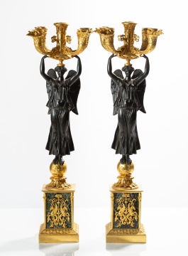 Pair of French Empire Gilt and Patinated Bronze Three-Light Candelabra with Winged Victories, Attributed to Thomire