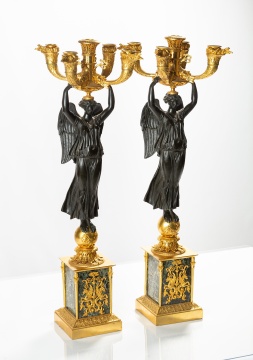 Pair of French Empire Gilt and Patinated Bronze Three-Light Candelabra with Winged Victories, Attributed to Thomire
