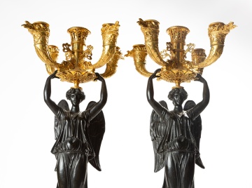 Pair of French Empire Gilt and Patinated Bronze Three-Light Candelabra with Winged Victories, Attributed to Thomire