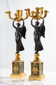 Pair of French Empire Gilt and Patinated Bronze Three-Light Candelabra with Winged Victories, Attributed to Thomire