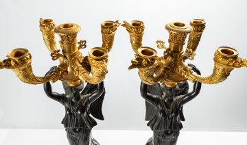 Pair of French Empire Gilt and Patinated Bronze Three-Light Candelabra with Winged Victories, Attributed to Thomire